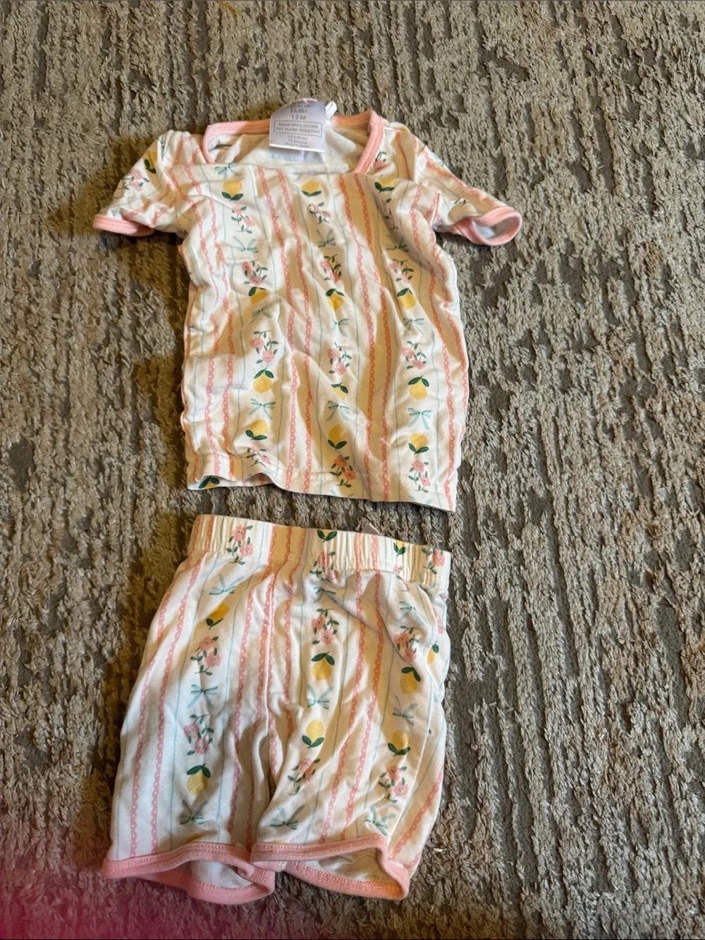 Burt's Bees Baby Pink and Yellow Floral Lemon Two-Piece Pajama Set size 12 month